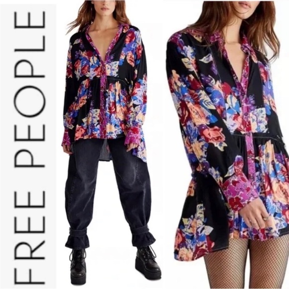 FREE PEOPLE - SIZE XS - BRUNCH A BUNCH FLORAL TUNIC TOP DRESS - VIBRANT - B17 - Picture 5 of 16
